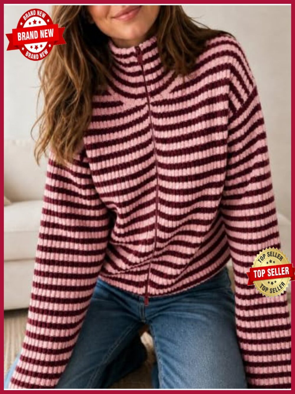 Striped Zip Up Cardigan Women Mock Neck Long Sleeve Loose Fit Knit Sweater - Picture 4 of 6